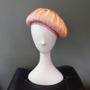 Vintage 1970s Andre Canada Striped Pink Synthetic Straw & Chiffon Beret Hat